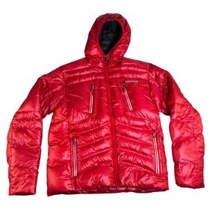 Marmot Mens 650 Fill Down Hooded Puffer Jacket Red Medium Full Zip Coat